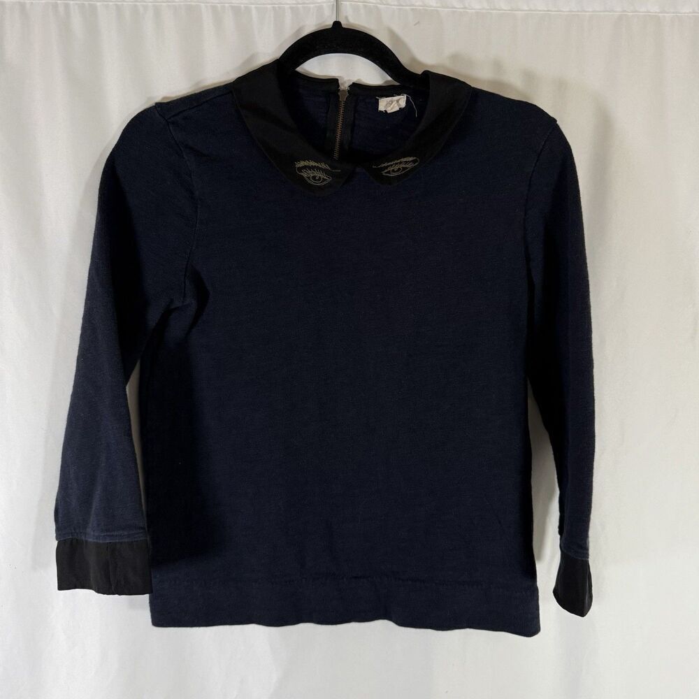 J. Crew Blouse Women's XS Blue Zip Back 3/4 Sleeve Collared eye Knit